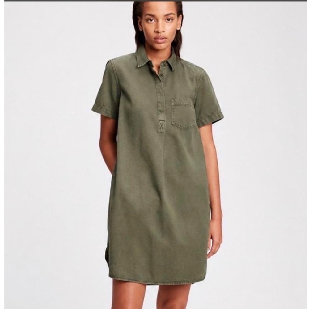 GAP Shirt Dress XXL Olive Green Lyocell Utility Pocket Short Sleeve Womens